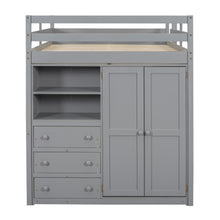 Load image into Gallery viewer, Wood Full Size Loft Bed with Built-in Wardrobe, Desk, Storage Shelves and Drawers, Gray
