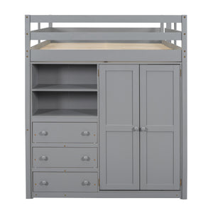 Wood Full Size Loft Bed with Built-in Wardrobe, Desk, Storage Shelves and Drawers, Gray