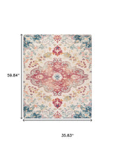 Load image into Gallery viewer, 3' X 5' Ivory Pink And Blue Medallion Distressed Washable Area Rug
