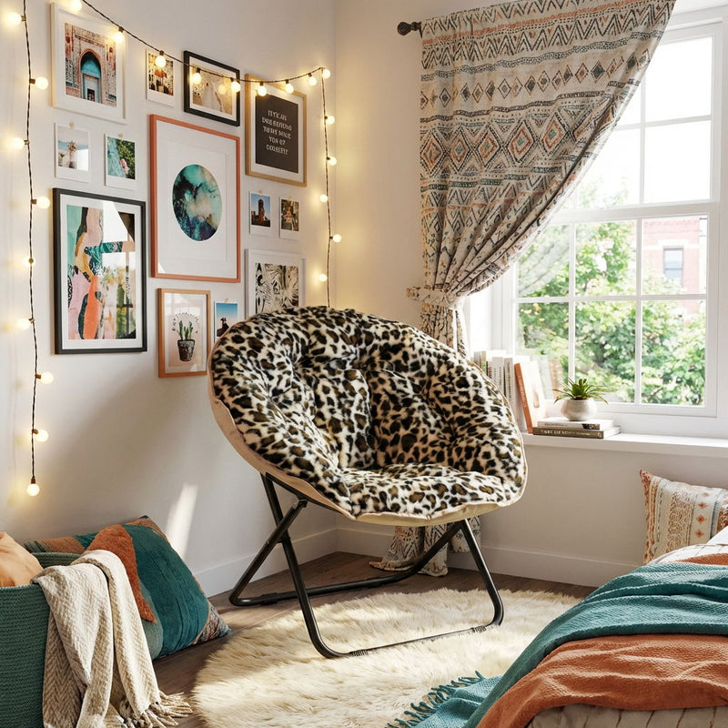 Tufted Faux Fur Leopard Folding Lounge Chair - Beige / Brown
