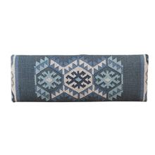 Load image into Gallery viewer, 47" Blue and Brown Geometric Jute and Solid Wood Upholstered Bench

