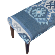 Load image into Gallery viewer, 47" Blue and Brown Geometric Jute and Solid Wood Upholstered Bench
