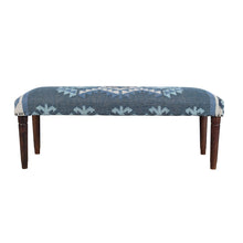 Load image into Gallery viewer, 47" Blue and Brown Geometric Jute and Solid Wood Upholstered Bench
