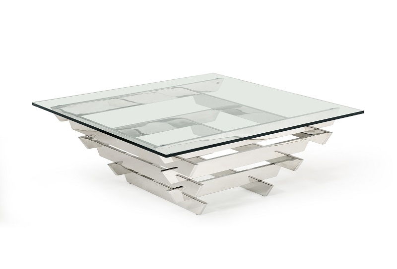Glass And Stainless Steel Square Coffee Table With Shelf - Clear And Silver
