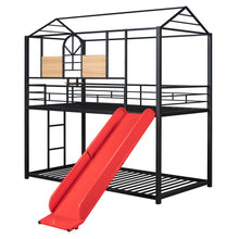 Load image into Gallery viewer, Twin Over Twin Metal Bunk Bed ,Metal Housebed With Slide,Three Colors Available.(Black with Red Slide)(OLD SKU :LP000095AAJ)
