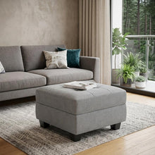 Load image into Gallery viewer, 26" Gray and Black Solid Wood and Linen Tufted Storage Ottoman
