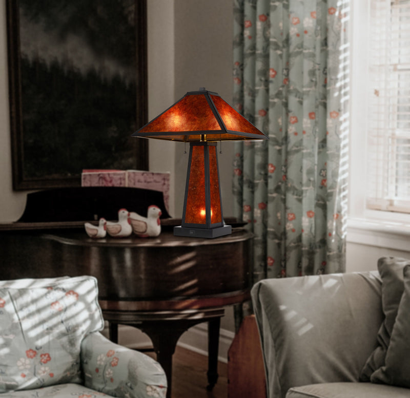 Metal Two Light Table Lamp With Amber Square Shade - Burnt Orange