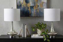 Load image into Gallery viewer, Set of Two 26" Silver Novelty Table Lamps With Drum Shades
