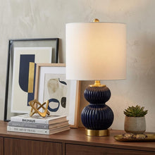 Load image into Gallery viewer, 20" Navy Blue And Gold Gourd Table Lamp With Drum Shade
