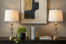 Load image into Gallery viewer, Set of Two 28" Gold Round Bedside Lamps With Drum Shades
