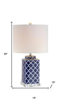 Load image into Gallery viewer, 23" Clear Navy Blue And White Geometric Table Lamp With Drum Shade
