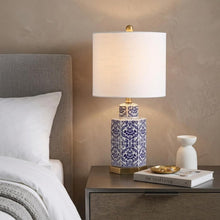 Load image into Gallery viewer, 24" Navy Blue Gold And White Table Lamp With Drum Shade
