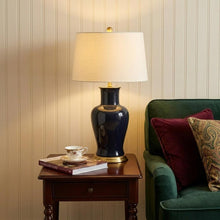 Load image into Gallery viewer, 29" Navy Blue And Gold Urn Bedside Lamp With Drum Shade
