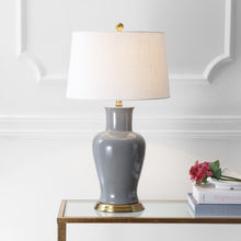 Load image into Gallery viewer, 29" Gray And Gold Urn Bedside Lamp With Drum Shade
