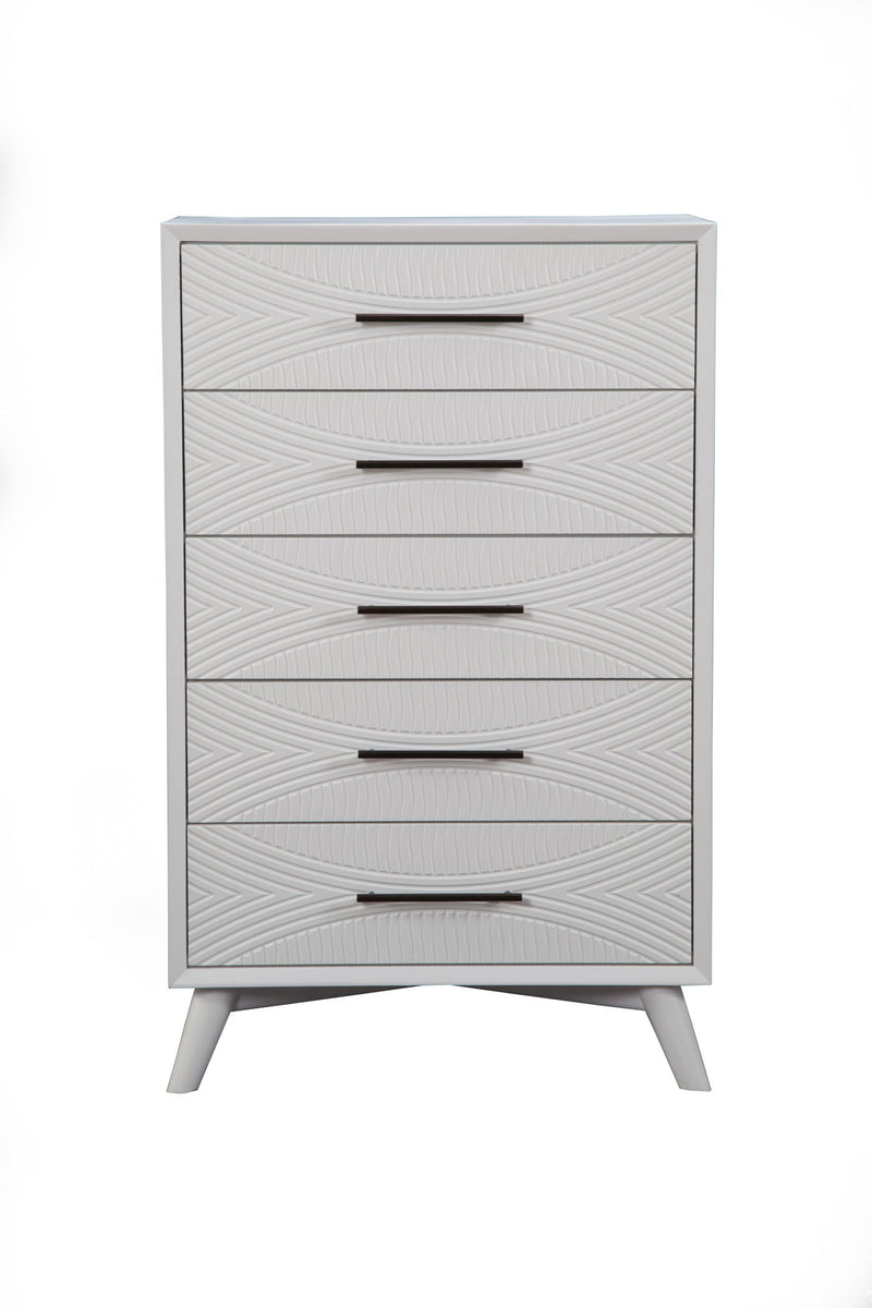 34" Carved Geometric Solid Wood Five Drawer Dresser - White