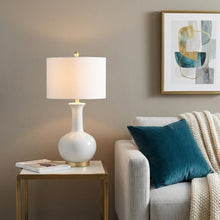 Load image into Gallery viewer, 27" White And Gold Novelty Table Lamp With Drum Shade
