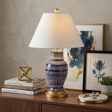 Load image into Gallery viewer, 27" Navy Blue Gold And White Urn Table Lamp With Empire Shade
