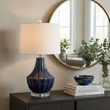 Load image into Gallery viewer, 25" Navy Blue And Clear Novelty Table Lamp With Drum Shade
