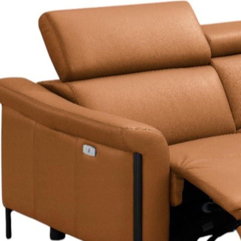 Leather Reclining Wood USB Sofa - Camel