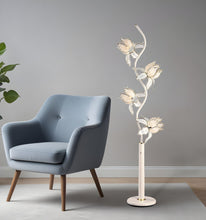 Load image into Gallery viewer, Four Light Floor Lamp With Frosted Glass Floral Shades - White And Gold
