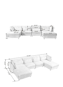 Oversized Modular Sectional Fabric Sofa Set with Waist Pillows, Extra Large U Shaped Couch with Reversible Chaise, 145 inch Long, 6 Seat Modular Sofa with  Ottamans