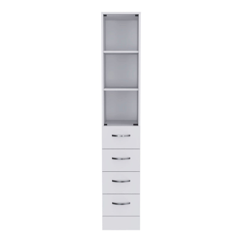 Linen Cabinet, 3 Shelves, 4 Drawers And Metal Handles - White