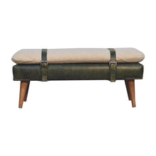 Load image into Gallery viewer, 35" Olive Green and Brown Boucle And Genuine Leather and Solid Wood Upholstered Bench
