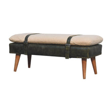 Load image into Gallery viewer, 35" Olive Green and Brown Boucle And Genuine Leather and Solid Wood Upholstered Bench
