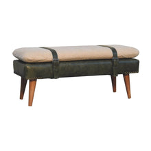 Load image into Gallery viewer, 35" Olive Green and Brown Boucle And Genuine Leather and Solid Wood Upholstered Bench

