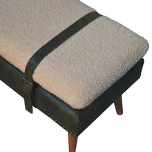 Load image into Gallery viewer, 35" Olive Green and Brown Boucle And Genuine Leather and Solid Wood Upholstered Bench
