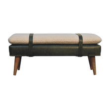 Load image into Gallery viewer, 35" Olive Green and Brown Boucle And Genuine Leather and Solid Wood Upholstered Bench
