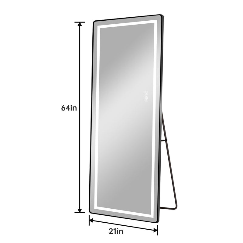 64" Aluminum Round Lighted Freestanding Framed Cheval Mirror - Black
