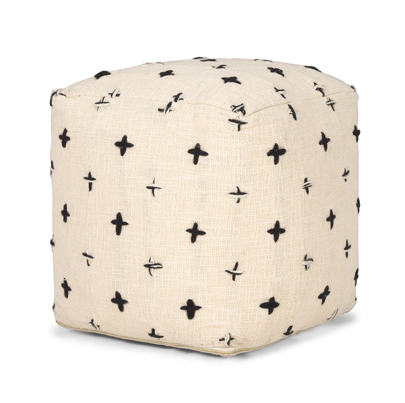 Wool Polka Dots Cube Pouf Ottoman - Cream / Black
