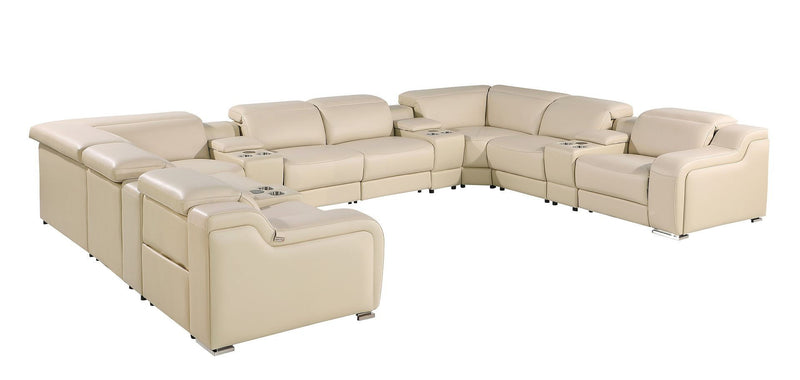 Italian Leather Power Reclining U Shaped Twelve Piece Corner Sectional With Console - Beige