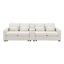 Load image into Gallery viewer, [VIDEO provided] [New] 114.2&quot; Upholstered Sofa with Console, 2 Cupholders and 2 USB Ports Wired or Wirelessly Charged, Modern Linen Fabric Couches with 4 Pillows for Living Room, Apartment (4-Seat)
