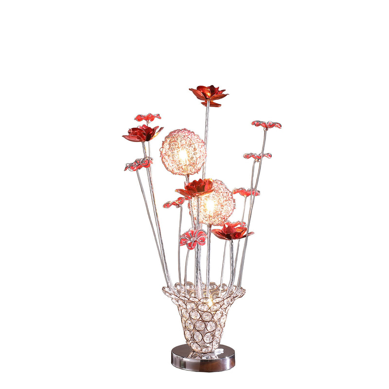 Metal And Faux Crystal Red Roses Bedside Lamp - Silver And Clear