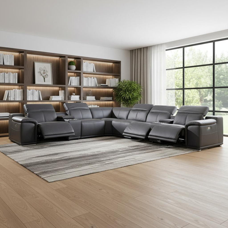 Italian Leather Power Reclining Eight Piece Corner Sectional With Console - Gray