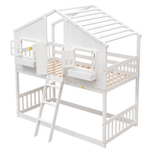 Load image into Gallery viewer, Twin over Twin House Bunk Bed with Roof , Window, Window  Box, Door , with Safety Guardrails and Ladder,White
