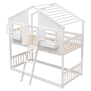 Twin over Twin House Bunk Bed with Roof , Window, Window  Box, Door , with Safety Guardrails and Ladder,White