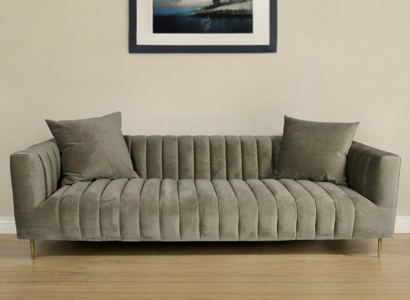 Velvet Sofa And Toss Pillows With Gold Legs - Gray Brown