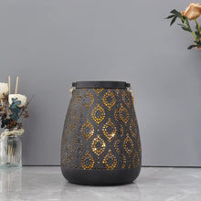 Load image into Gallery viewer, 8" Black Metal Battery Operated Pierced Geometric Lantern
