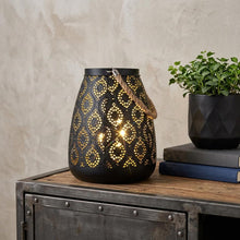 Load image into Gallery viewer, 8" Black Metal Battery Operated Pierced Geometric Lantern
