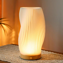 Load image into Gallery viewer, 9" Beige And Natural Wavy Geometric Battery Operated Table Lamp
