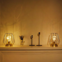 Load image into Gallery viewer, Set of Two 7" Gold Geometric Geometric Cage Cordless Desk Lamps
