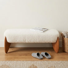 Load image into Gallery viewer, 50" Ivory and Brown Boucle and Solid Wood Upholstered Bench
