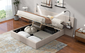 Full Size Storage Upholstered Hydraulic Platform Bed with 2 Shelves, 2 Lights and USB, Beige