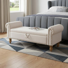 Load image into Gallery viewer, 55" Beige and Brown Linen and Solid Wood Upholstered Storage Bench With Flip Top
