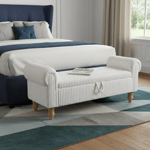 Load image into Gallery viewer, 55" White and Brown Corduroy and Solid Wood Upholstered Storage Bench With Flip Top
