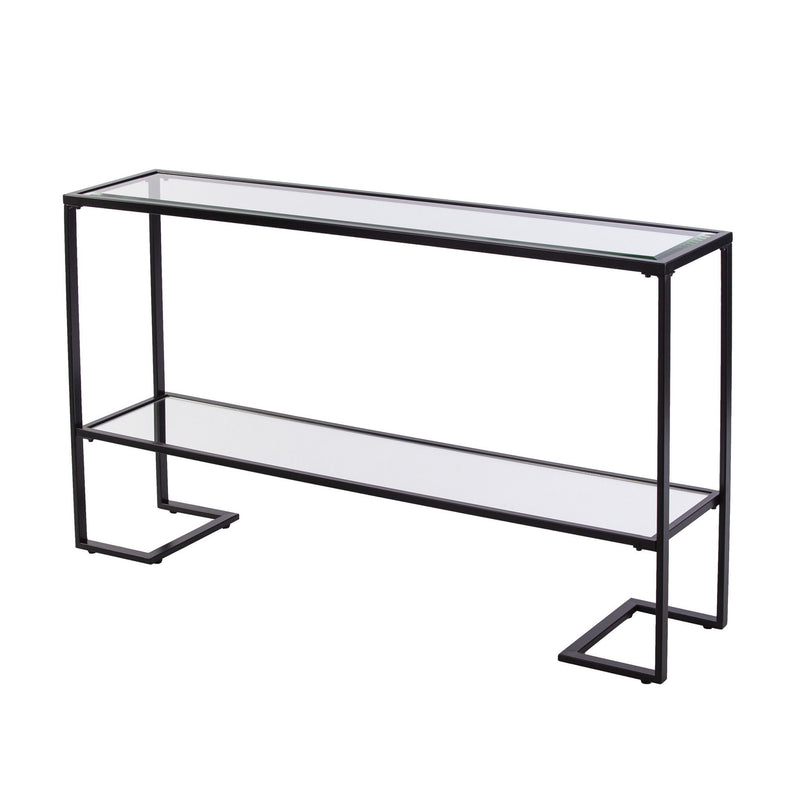 Glass Mirrored Sled Console Table With Shelves - Clear / Black