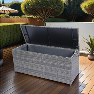 Outdoor Storage Box, 113 Gallon Wicker Patio Deck Boxes with Lid, Outdoor Cushion Storage for Kids Toys, Pillows, Towel Grey Wicker